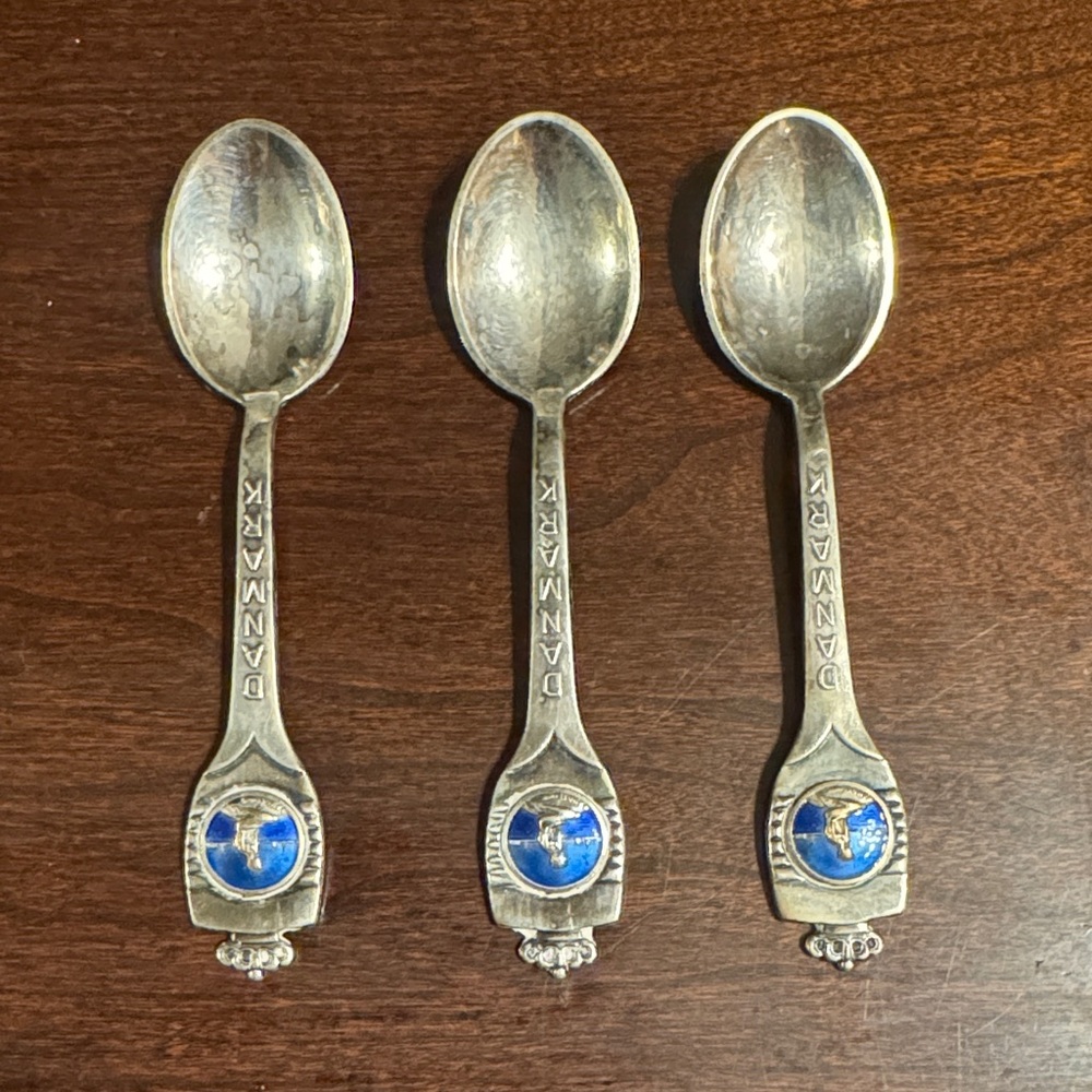 Vintage Silver Souvenir Spoons with Blue Accents